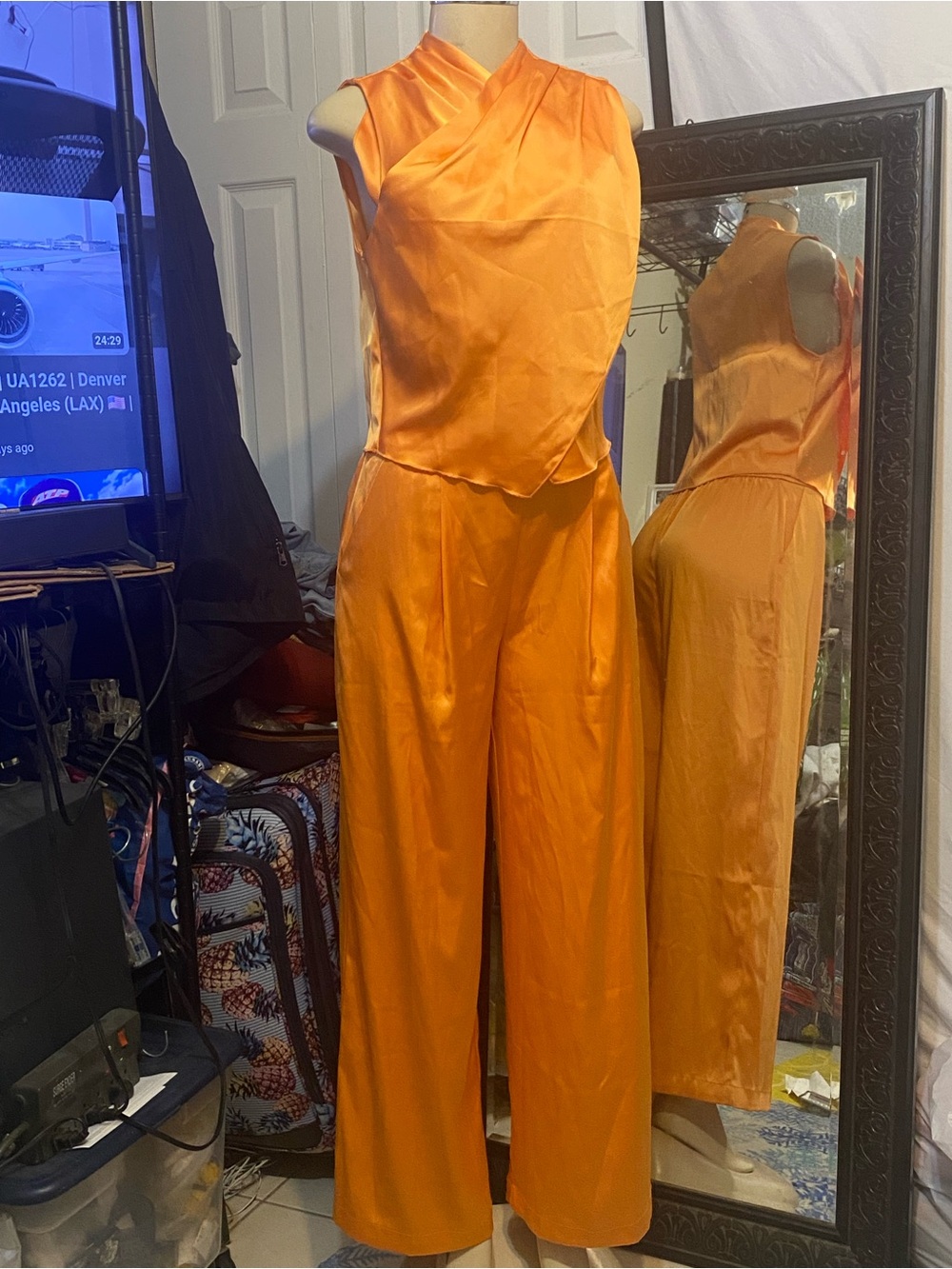 House of Harlow 1960 Bold Orange Satin Top and Bottom suit set.
